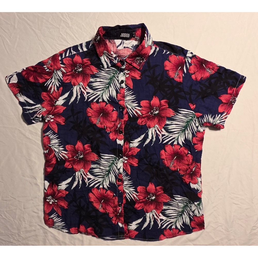 JOGAL Men's XL Hawaiian Shirt Red Hibiscus Floral Tropical Button Up Aloha - Picture 1 of 5